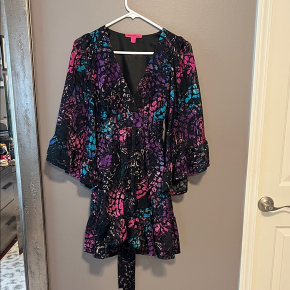 Betsey Johnson Dresses & Skirts - Betsey Johnson Black Wrap Tunic with Pink, Purple & Teal Accents